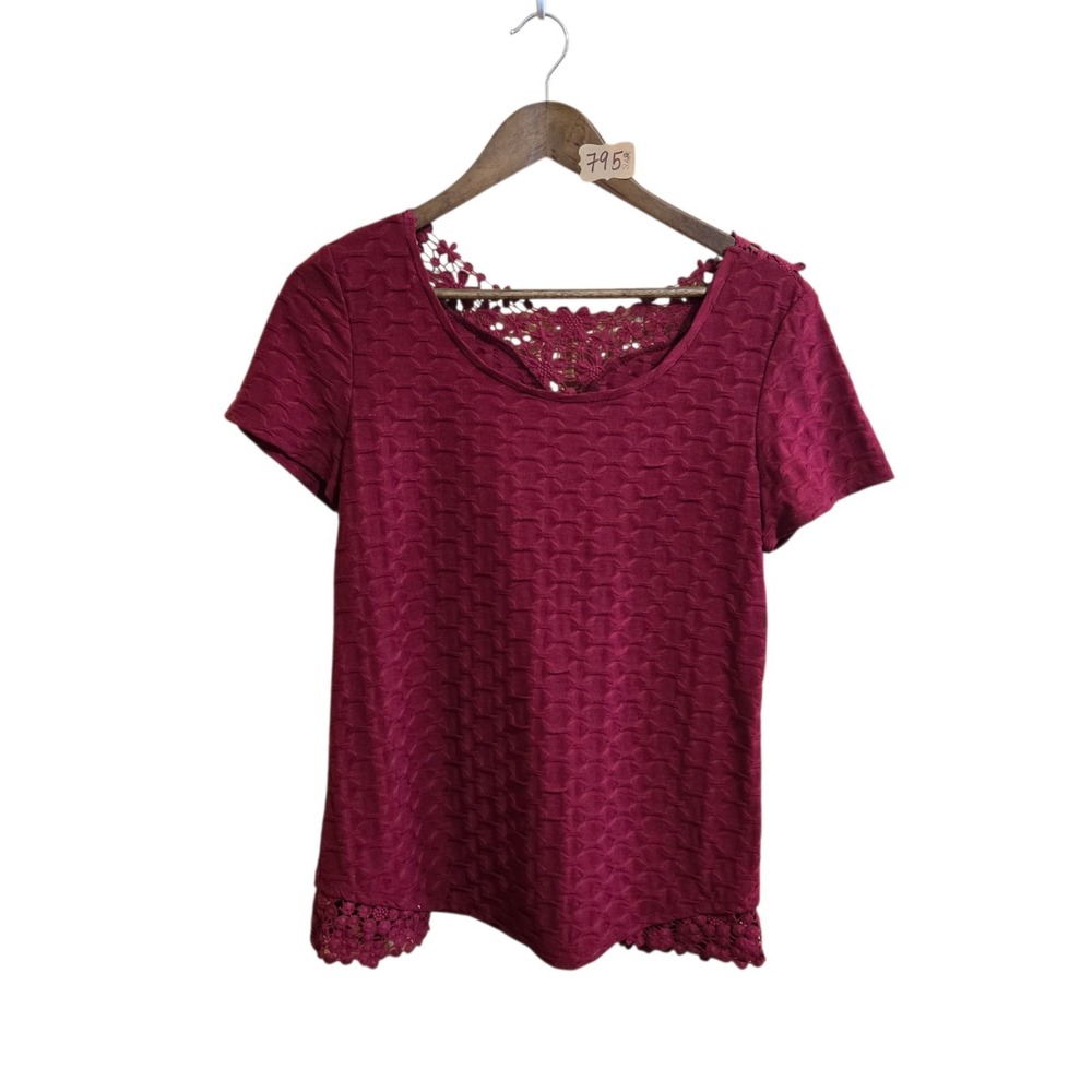 Rebecca Malone Women's Short Sleeve Pullover Top SZ LG Burgundy Embroidered